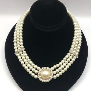 Triple-Strand Ivory Faux Pearl Necklace with Gold-Tone & Cabochon Medallion